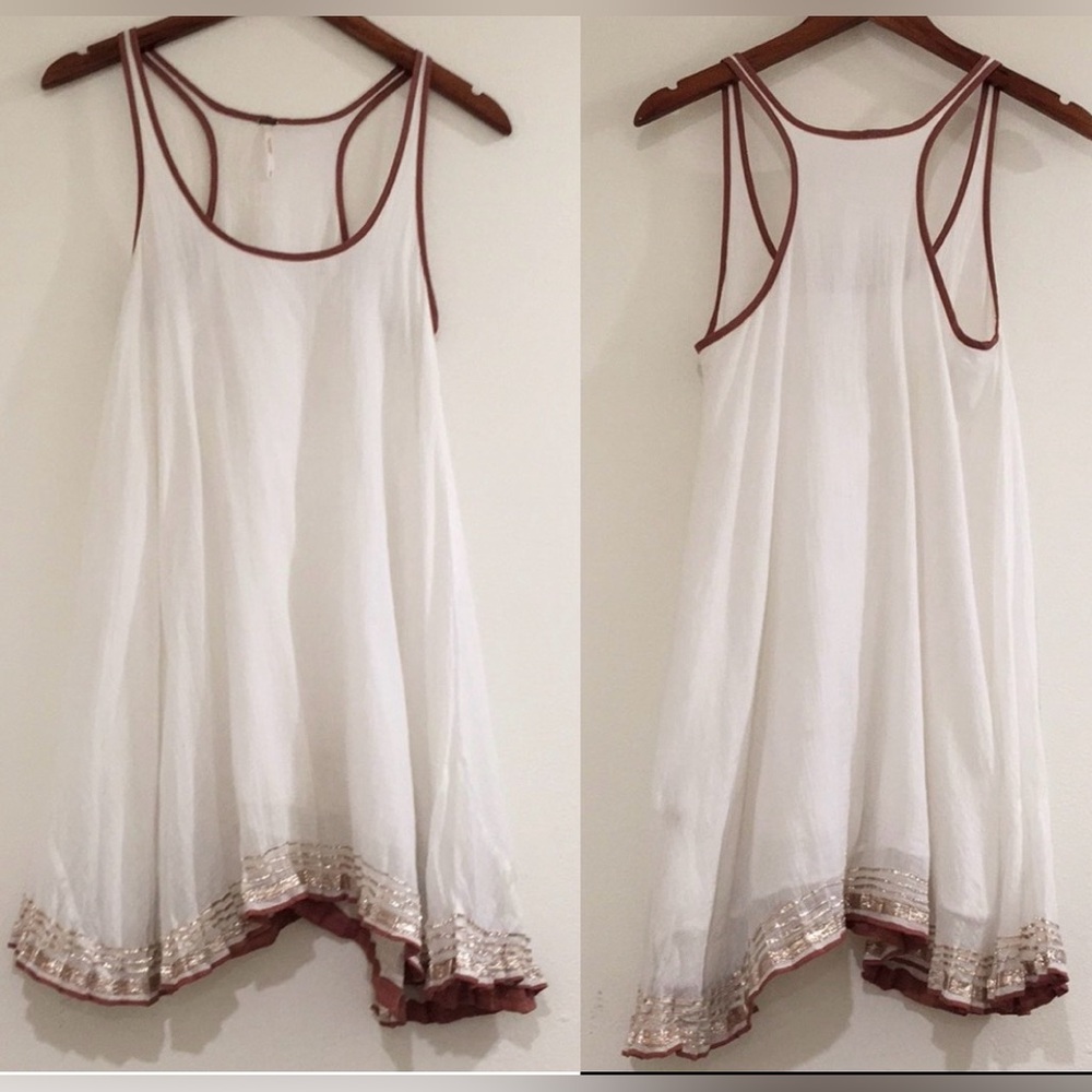 Free People White/Brown Tank Mini Dress With Gold Trim